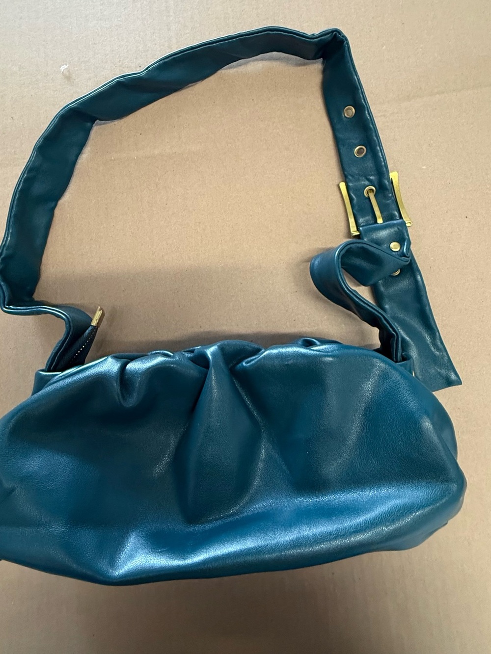 MW Teal Gathered Shoulder Bag with Gold Buckle Strap